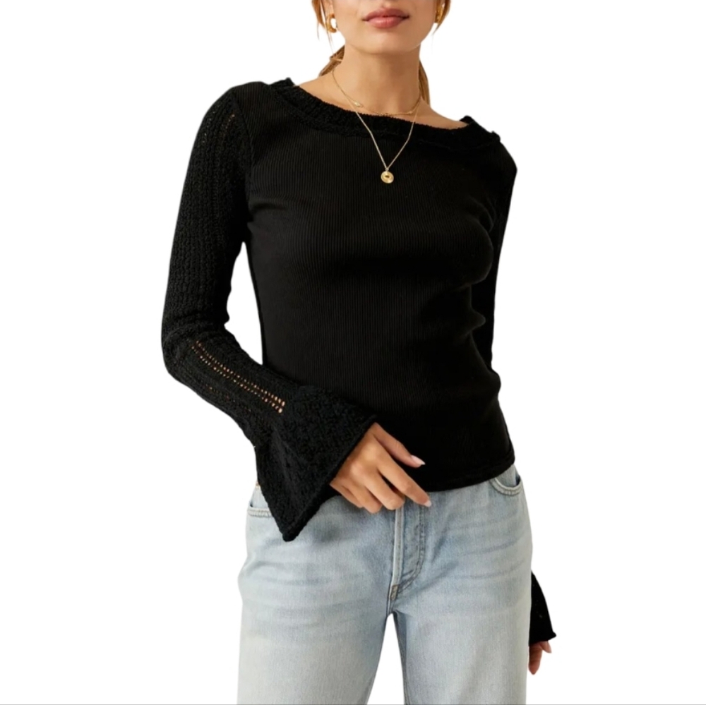 Free People Ribbed Bell Sleeve Crochet Whimsy Boho Top Black Boat Neck Small